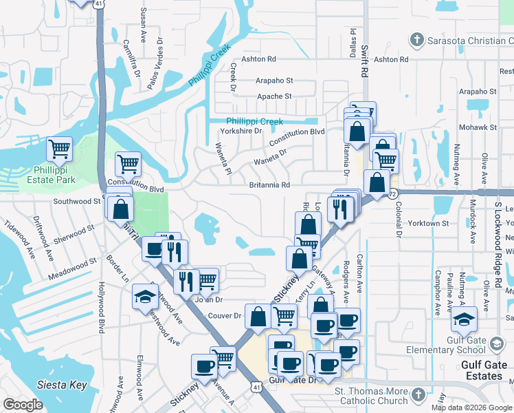 map of restaurants, bars, coffee shops, grocery stores, and more near 8247 Varenna Drive in Sarasota
