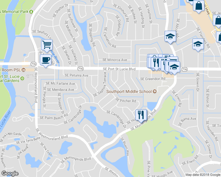 map of restaurants, bars, coffee shops, grocery stores, and more near 1431 Southeast Pitcher Road in Port St. Lucie
