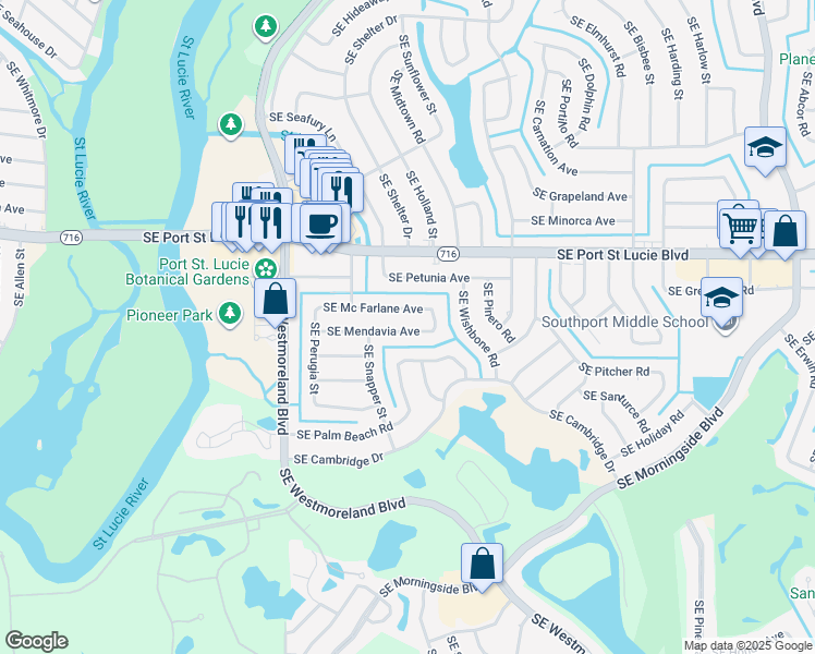 map of restaurants, bars, coffee shops, grocery stores, and more near 1261 Southeast Mendavia Avenue in Port St. Lucie