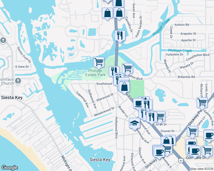 map of restaurants, bars, coffee shops, grocery stores, and more near 5821 Larchwood Avenue in Sarasota