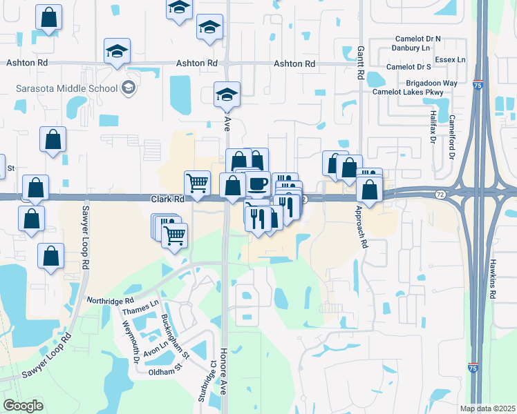 map of restaurants, bars, coffee shops, grocery stores, and more near 5336 Clark Road in Sarasota