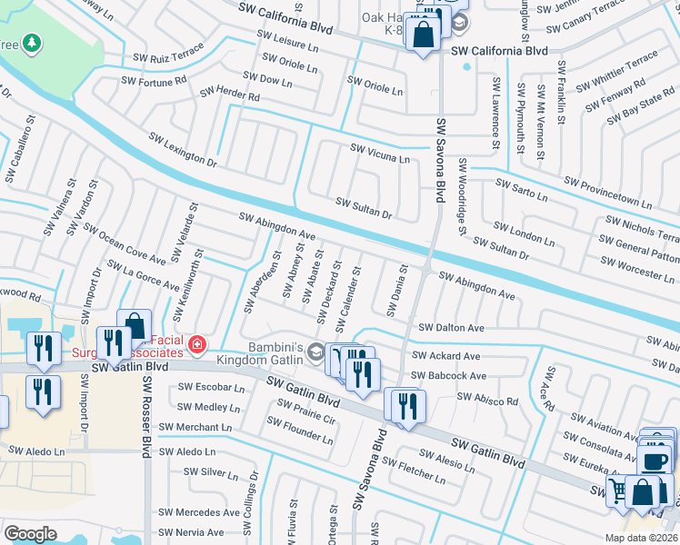 map of restaurants, bars, coffee shops, grocery stores, and more near 2525 Southwest Deckard Street in Port St. Lucie