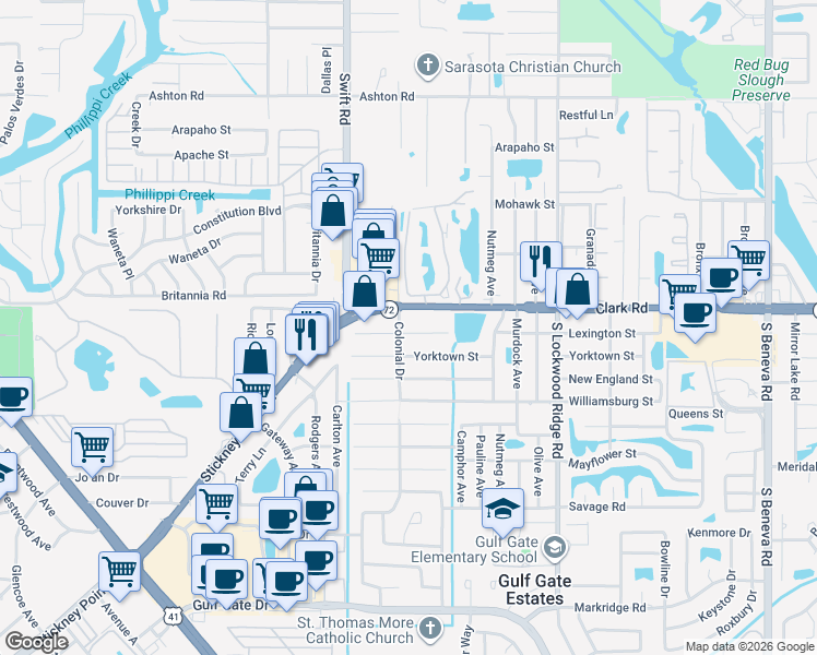 map of restaurants, bars, coffee shops, grocery stores, and more near 2907 Lexington Street in Sarasota