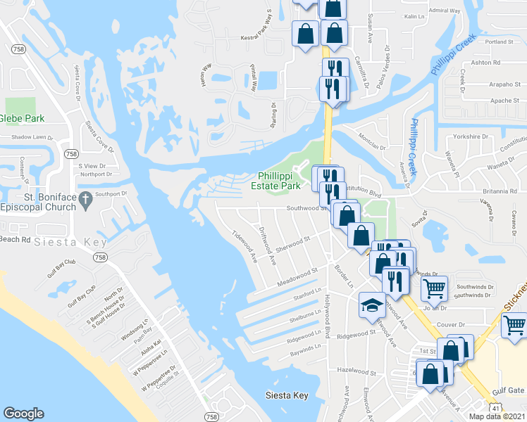 map of restaurants, bars, coffee shops, grocery stores, and more near 1774 Southwood Street in Sarasota