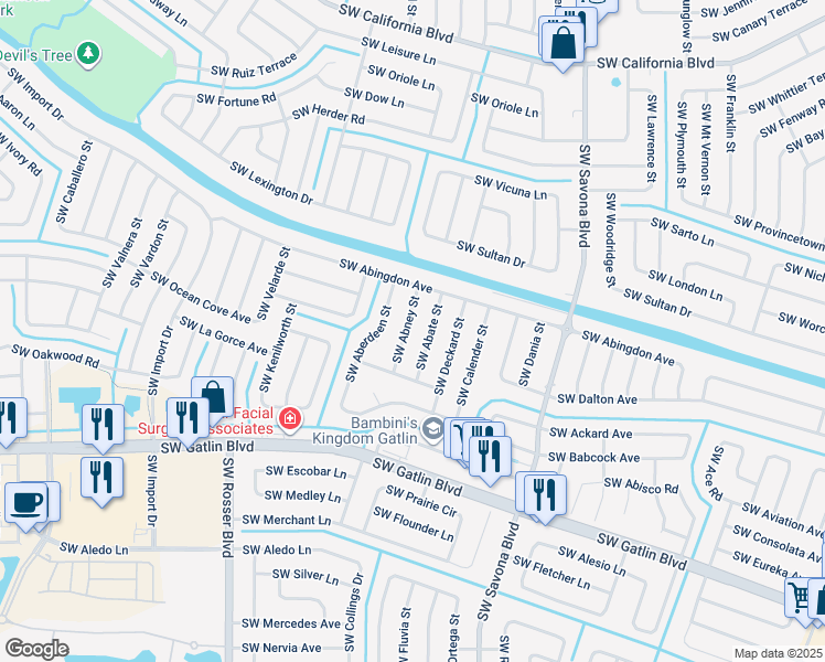 map of restaurants, bars, coffee shops, grocery stores, and more near 2549 Southwest Abney Street in Port St. Lucie
