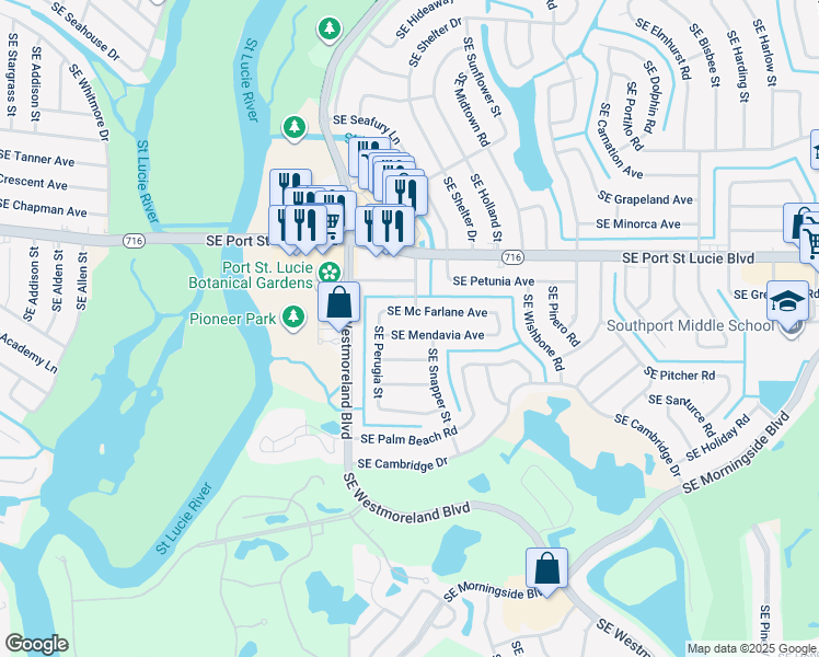 map of restaurants, bars, coffee shops, grocery stores, and more near 1157 Southeast Mendavia Avenue in Port Saint Lucie