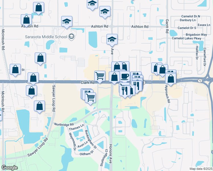 map of restaurants, bars, coffee shops, grocery stores, and more near 5250 Clark Road in Sarasota