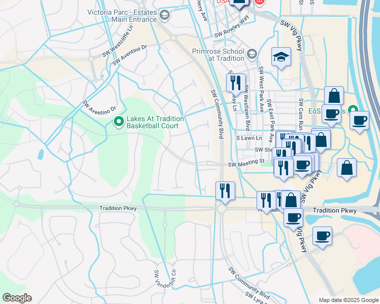 map of restaurants, bars, coffee shops, grocery stores, and more near 11357 Southwest Northland Drive in Port St. Lucie