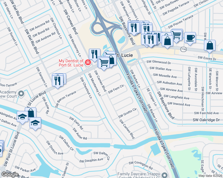 map of restaurants, bars, coffee shops, grocery stores, and more near 2305 Southwest Fern Circle in Port St. Lucie