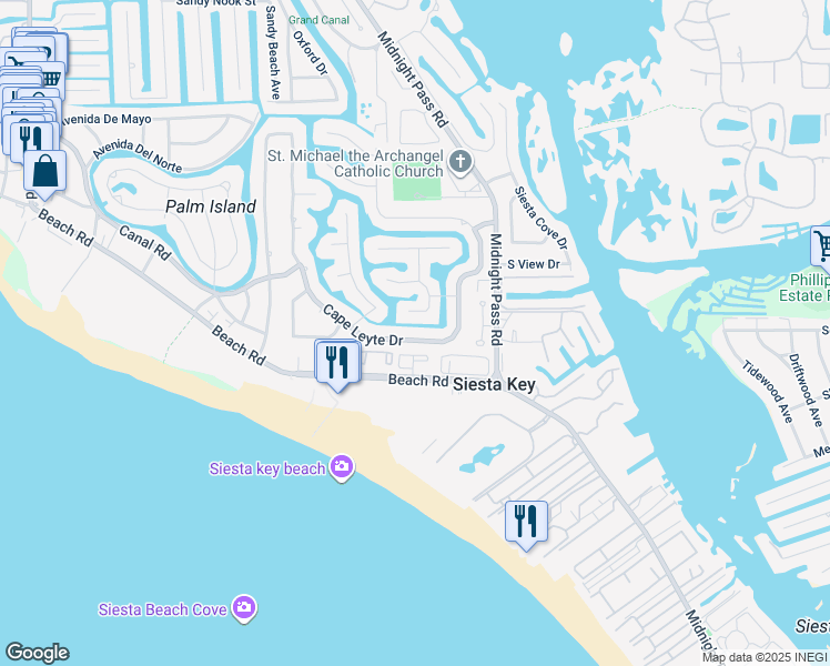 map of restaurants, bars, coffee shops, grocery stores, and more near 5633 Cape Leyte Drive in Siesta Key