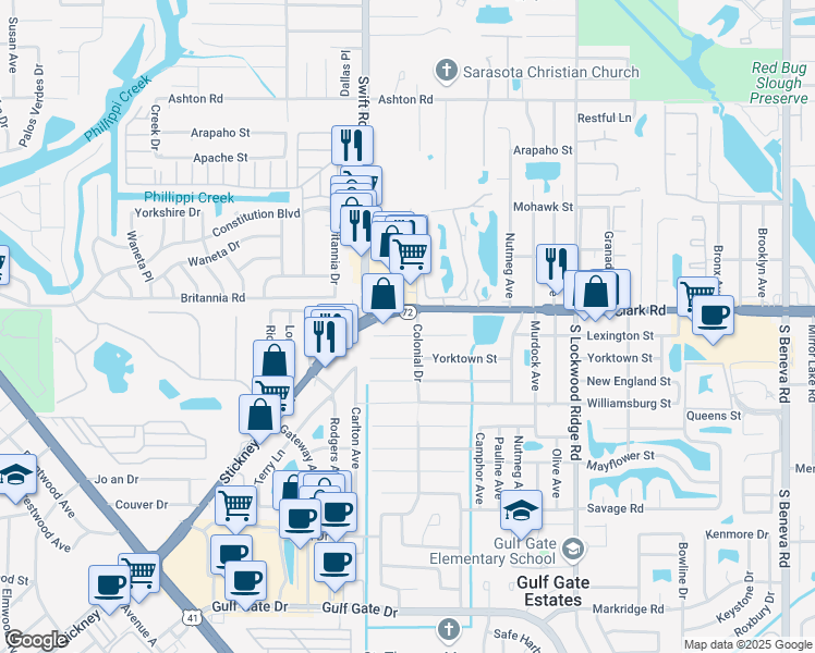 map of restaurants, bars, coffee shops, grocery stores, and more near 2905 Lexington Street in Sarasota