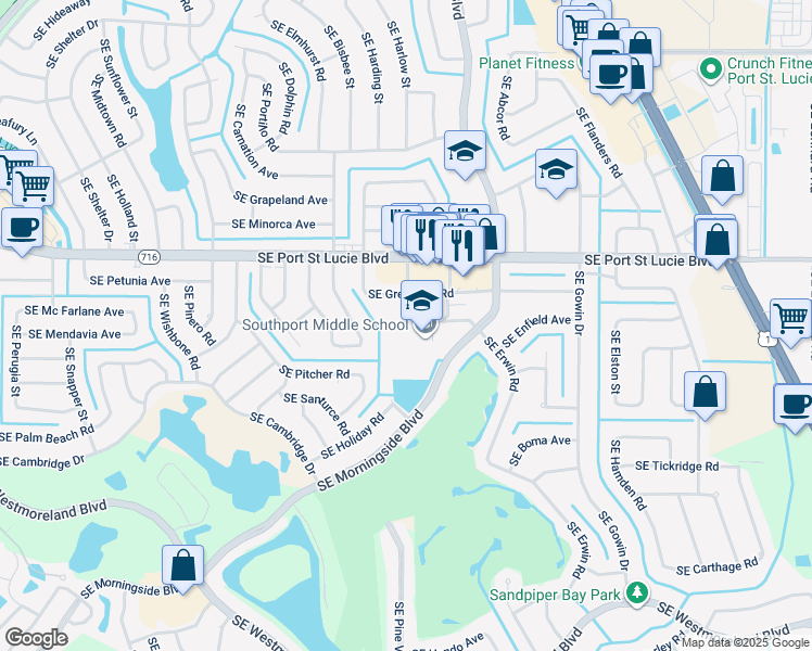map of restaurants, bars, coffee shops, grocery stores, and more near 2420 Southeast Morningside Boulevard in Port St. Lucie