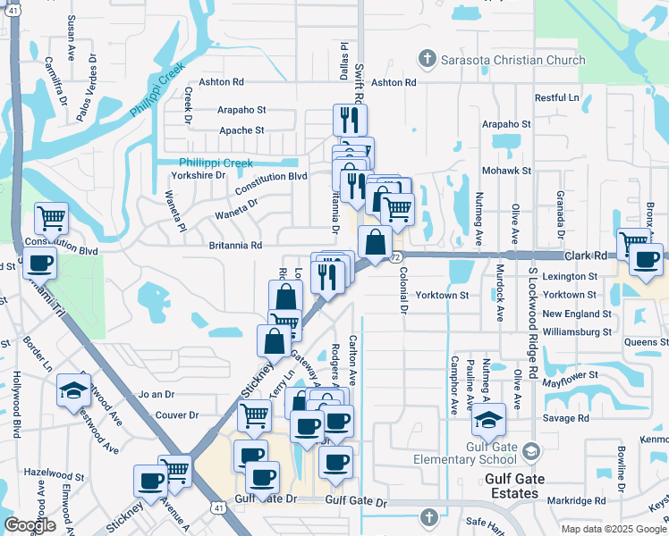 map of restaurants, bars, coffee shops, grocery stores, and more near 2701 Stickney Point Road in Sarasota