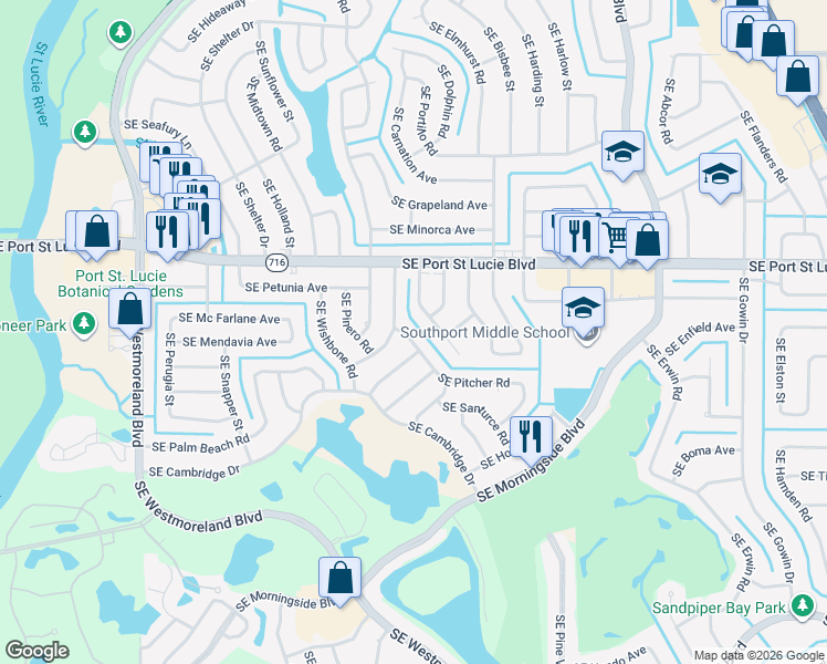 map of restaurants, bars, coffee shops, grocery stores, and more near 1431 Southeast Pitcher Road in Port St. Lucie