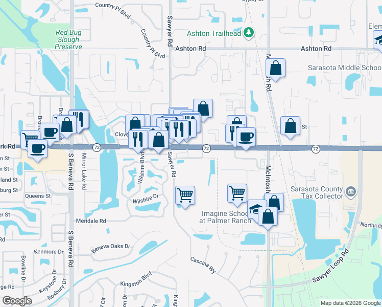 map of restaurants, bars, coffee shops, grocery stores, and more near 4048 Jenkins Place in Sarasota