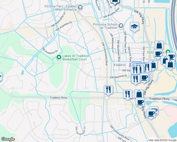 map of restaurants, bars, coffee shops, grocery stores, and more near 11420 Southwest Northland Drive in Port St. Lucie