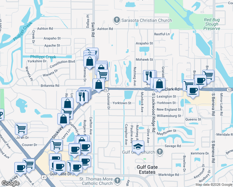 map of restaurants, bars, coffee shops, grocery stores, and more near 2942 Lexington Street in Sarasota