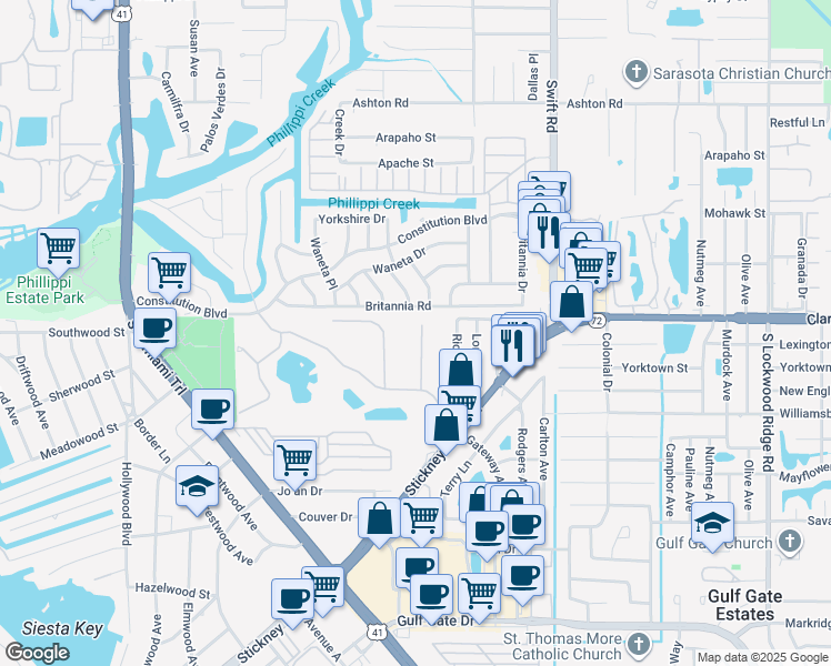 map of restaurants, bars, coffee shops, grocery stores, and more near 5831 Cavano Drive in Sarasota