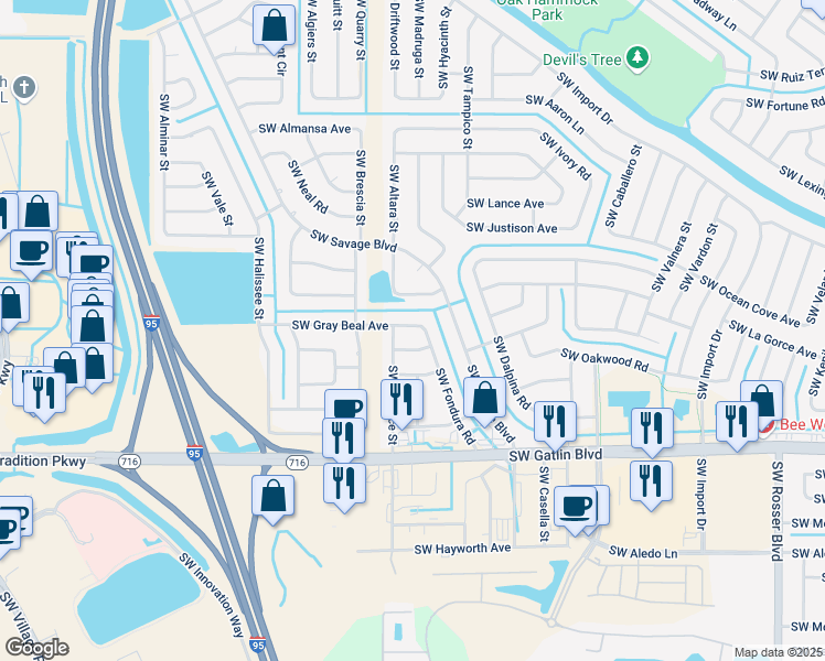 map of restaurants, bars, coffee shops, grocery stores, and more near 2122 Southwest Gray Beal Avenue in Port St. Lucie