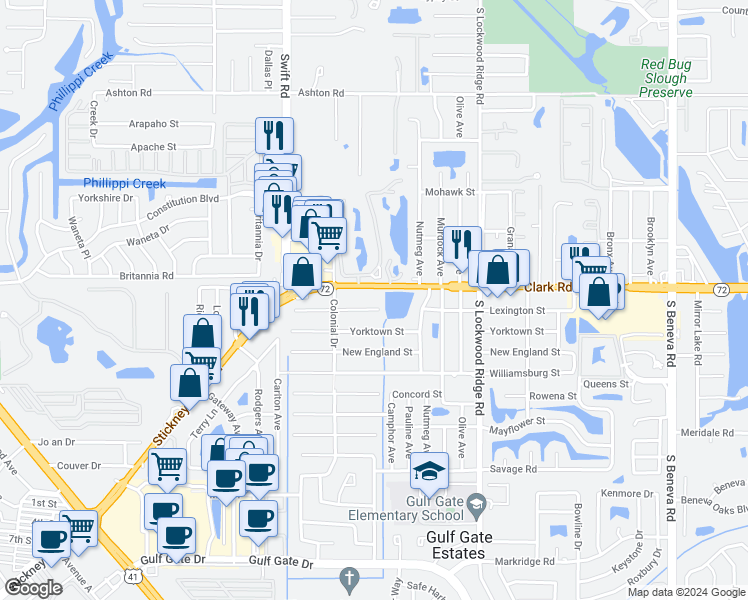 map of restaurants, bars, coffee shops, grocery stores, and more near 2942 Lexington Street in Sarasota