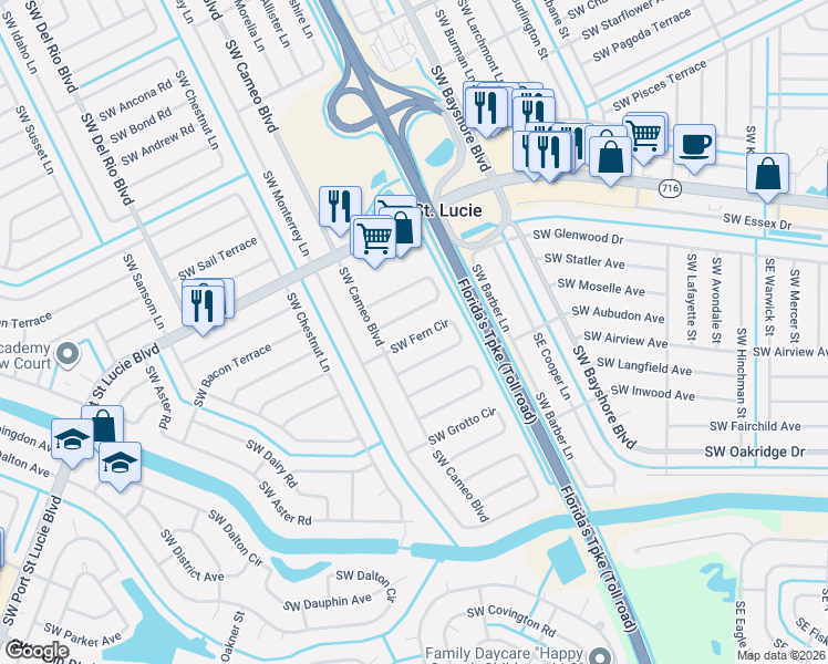 map of restaurants, bars, coffee shops, grocery stores, and more near 2317 Southwest Fern Circle in Port St. Lucie