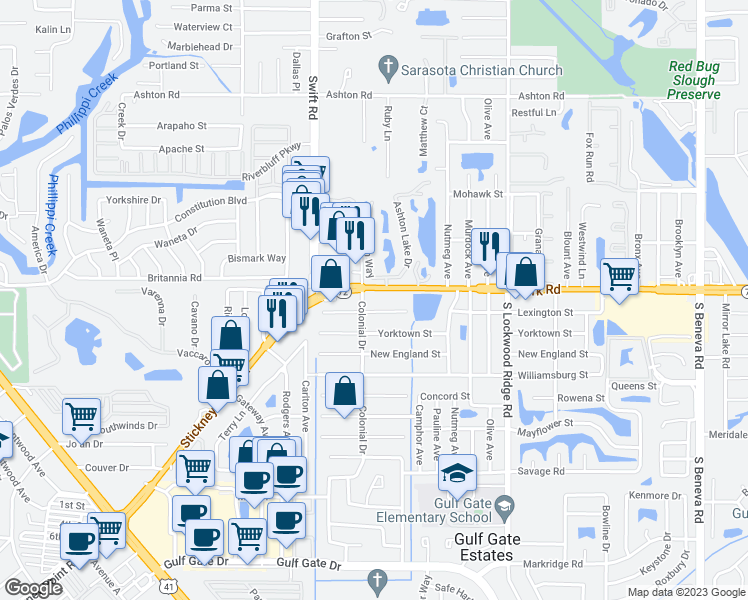 map of restaurants, bars, coffee shops, grocery stores, and more near 2905 Lexington Street in Sarasota