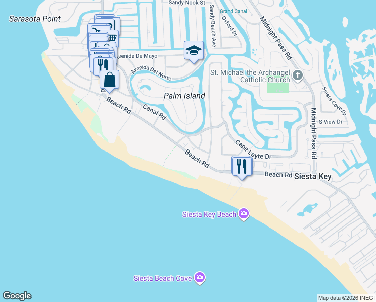 map of restaurants, bars, coffee shops, grocery stores, and more near 636 Beach Road in Siesta Key