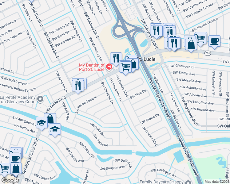 map of restaurants, bars, coffee shops, grocery stores, and more near 2477 Southwest Chestnut Lane in Port St. Lucie