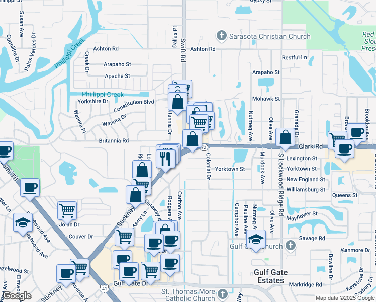 map of restaurants, bars, coffee shops, grocery stores, and more near Swift Rd & Clark Rd in Sarasota