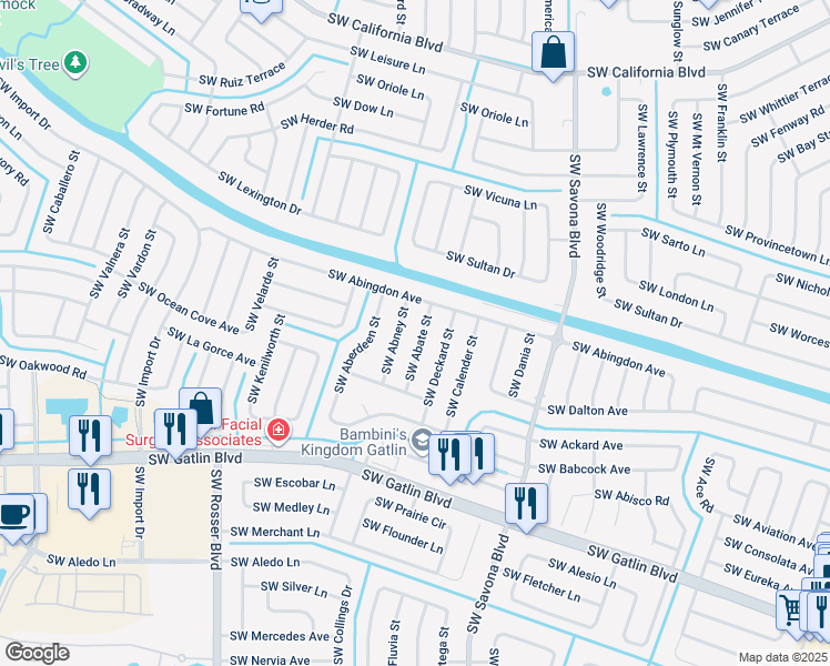 map of restaurants, bars, coffee shops, grocery stores, and more near 2549 Southwest Abney Street in Port St. Lucie