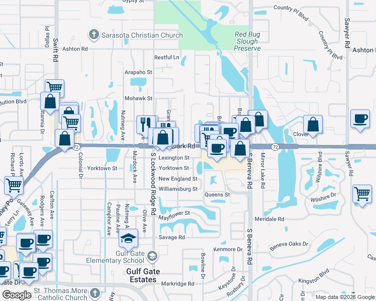 map of restaurants, bars, coffee shops, grocery stores, and more near 3325 Lexington Street in Sarasota