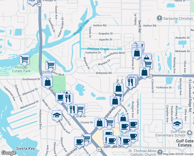map of restaurants, bars, coffee shops, grocery stores, and more near 8247 Varenna Drive in Sarasota