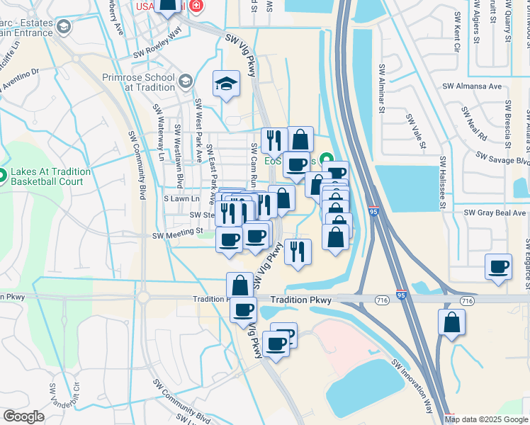 map of restaurants, bars, coffee shops, grocery stores, and more near 10330 Southwest Village Center Drive in Port St. Lucie
