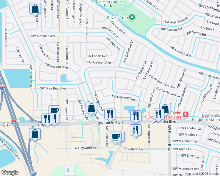 map of restaurants, bars, coffee shops, grocery stores, and more near 1980 Southwest Logwood Road in Port St. Lucie