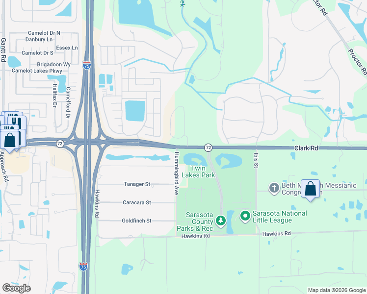 map of restaurants, bars, coffee shops, grocery stores, and more near 6901 Clark Road in Sarasota