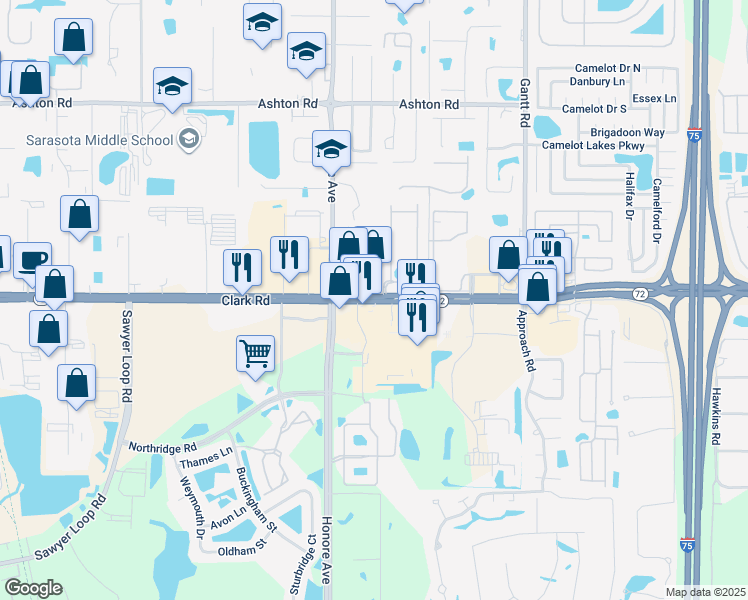 map of restaurants, bars, coffee shops, grocery stores, and more near 5336 Clark Road in Sarasota