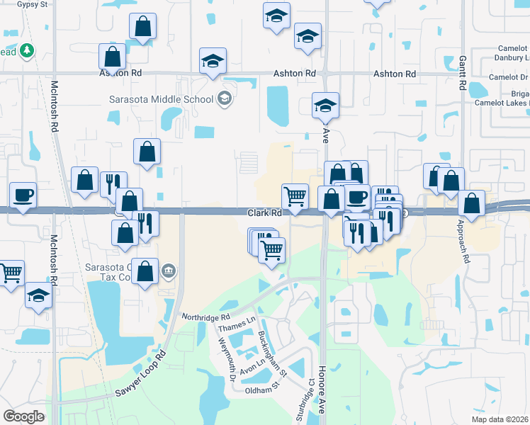 map of restaurants, bars, coffee shops, grocery stores, and more near 4900 Clark Road in Sarasota