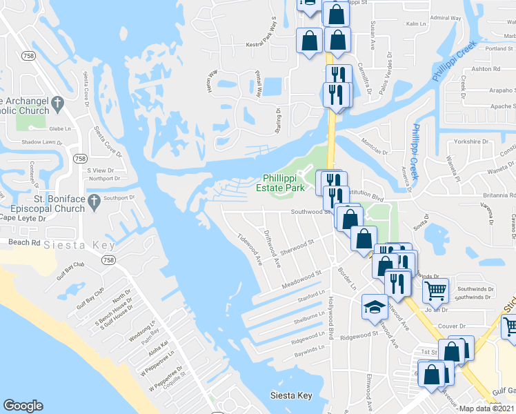 map of restaurants, bars, coffee shops, grocery stores, and more near 1774 Southwood Street in Sarasota