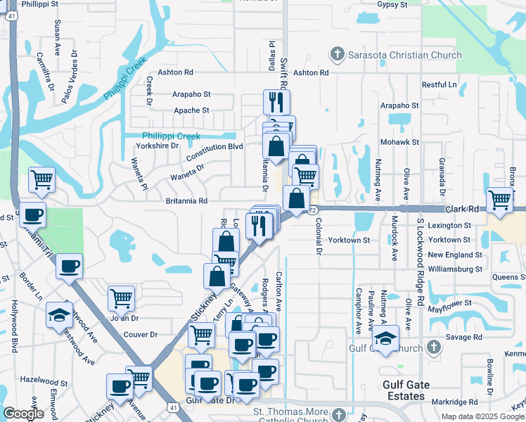 map of restaurants, bars, coffee shops, grocery stores, and more near 2701 Stickney Point Road in Sarasota