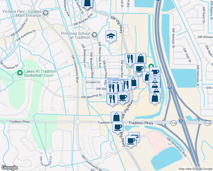 map of restaurants, bars, coffee shops, grocery stores, and more near 10592 Southwest Ashlyn Way in Port St. Lucie