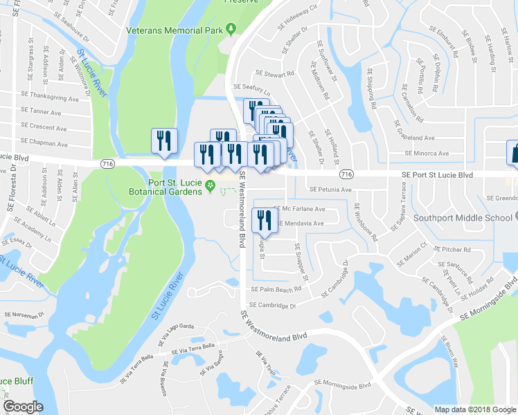 map of restaurants, bars, coffee shops, grocery stores, and more near 2402 Southeast Perugia Street in Port St. Lucie