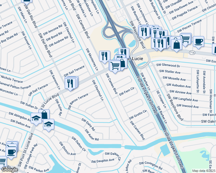 map of restaurants, bars, coffee shops, grocery stores, and more near 2444 Southwest Cameo Boulevard in Port St. Lucie