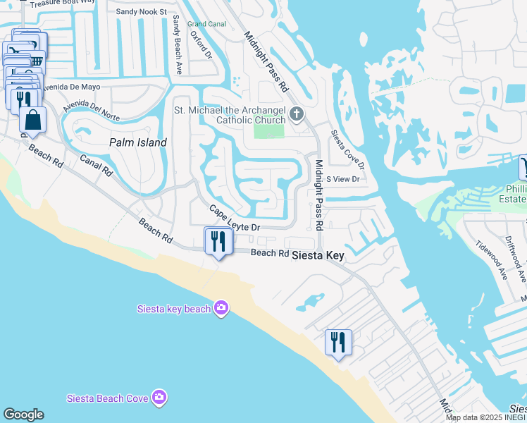 map of restaurants, bars, coffee shops, grocery stores, and more near 5568 Contento Drive in Siesta Key