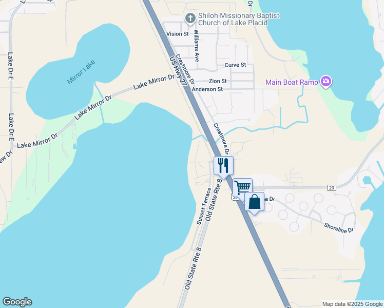 map of restaurants, bars, coffee shops, grocery stores, and more near 172 Berton Drive in Lake Placid