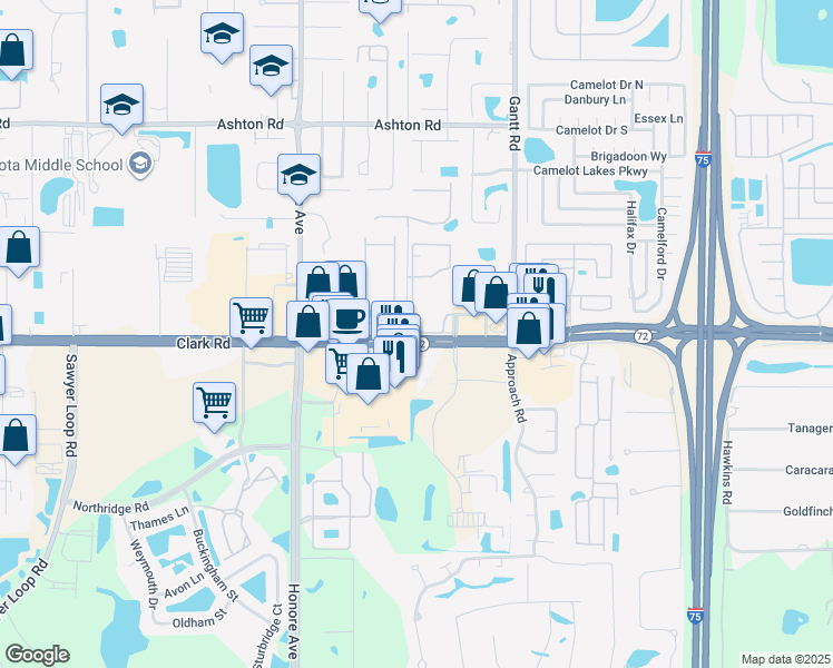 map of restaurants, bars, coffee shops, grocery stores, and more near 751 Soldier Circle in Sarasota