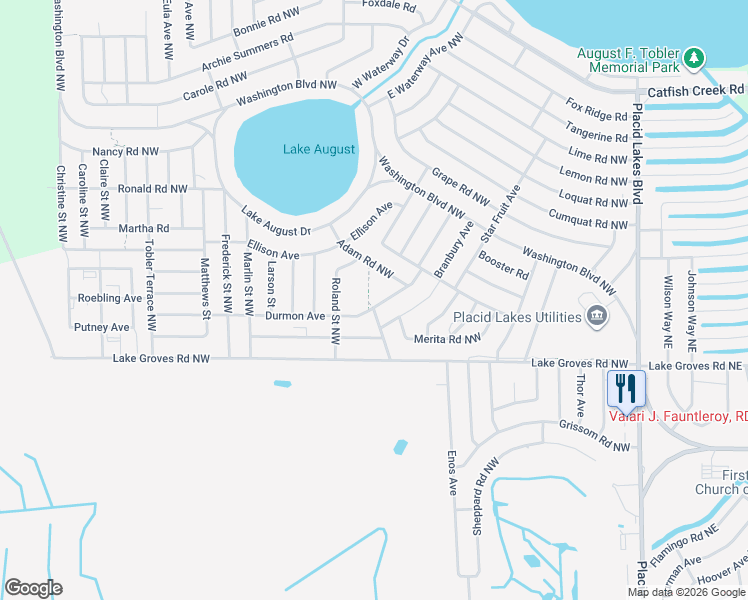 map of restaurants, bars, coffee shops, grocery stores, and more near 315 Adam Road Northwest in Lake Placid