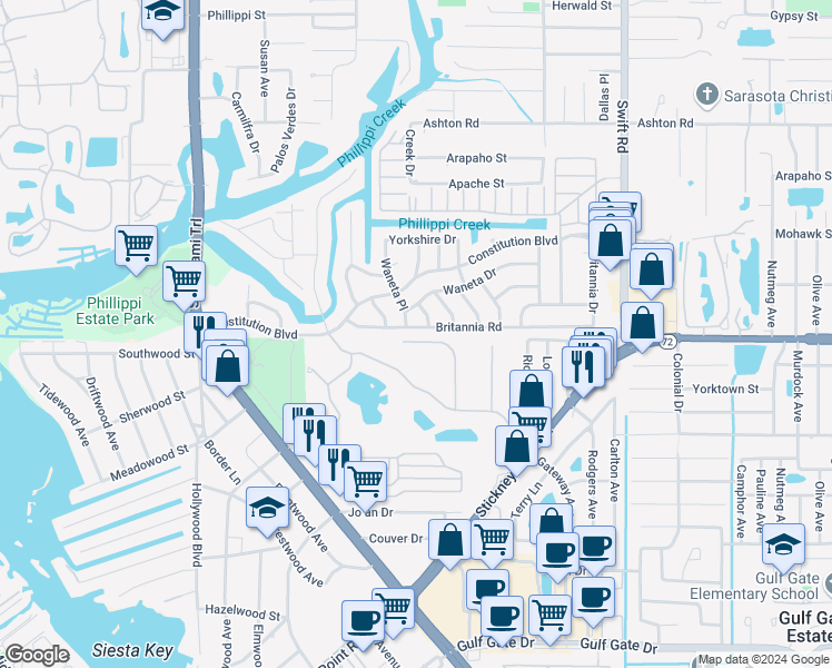 map of restaurants, bars, coffee shops, grocery stores, and more near 2411 Britannia Road in Sarasota