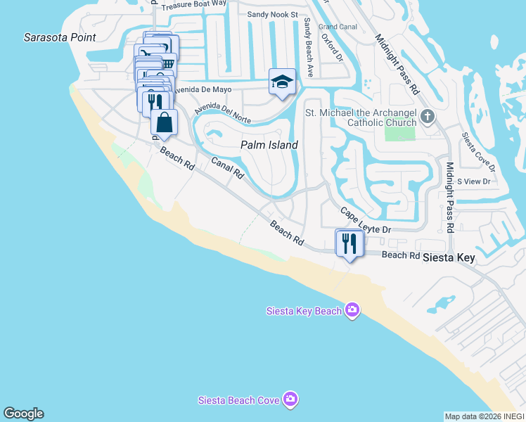 map of restaurants, bars, coffee shops, grocery stores, and more near 606 Canal Road in Siesta Key