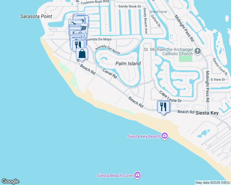 map of restaurants, bars, coffee shops, grocery stores, and more near 547 Beach Road in Sarasota