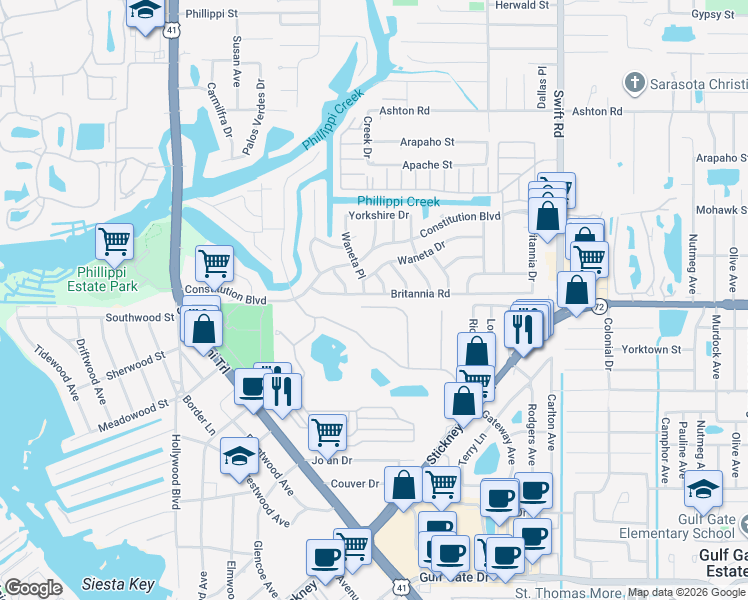 map of restaurants, bars, coffee shops, grocery stores, and more near 2411 Britannia Road in Sarasota